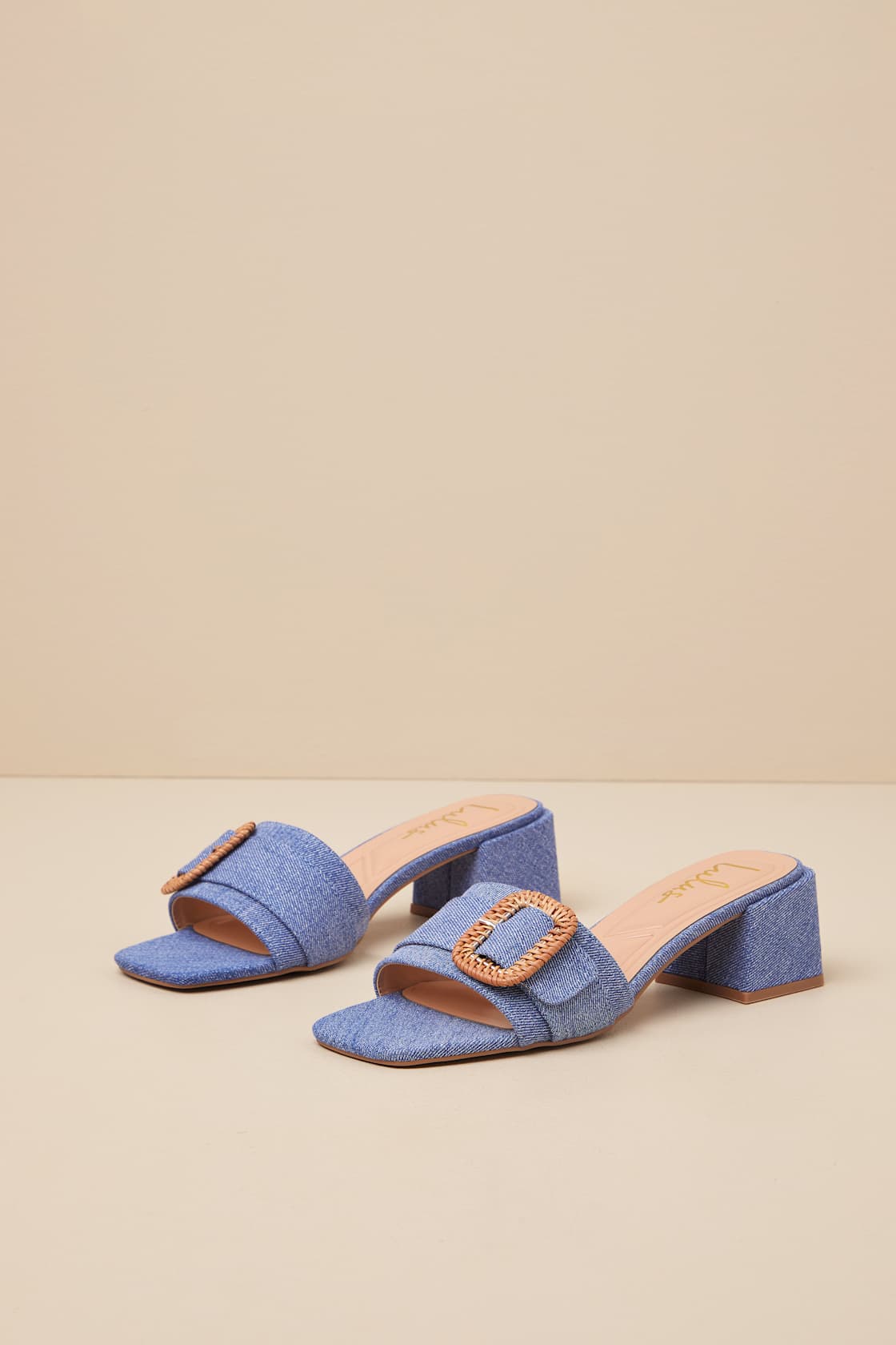 Calendre Denim Buckle Low Heel Slide Sandals