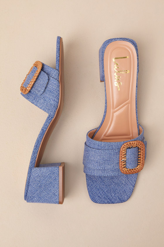 Lulus Calendre Denim Buckle Low Heel Slide Sandals In Blue