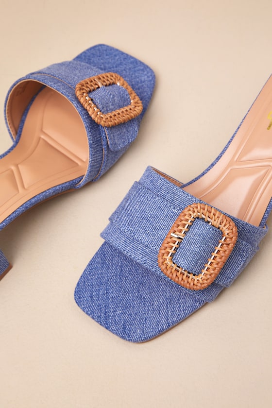 Lulus Calendre Denim Buckle Low Heel Slide Sandals In Blue