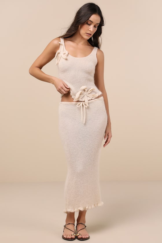 Tyler Mcgillivary Mimi Cream Semi-sheer Knit Drawstring Midi Skirt In White