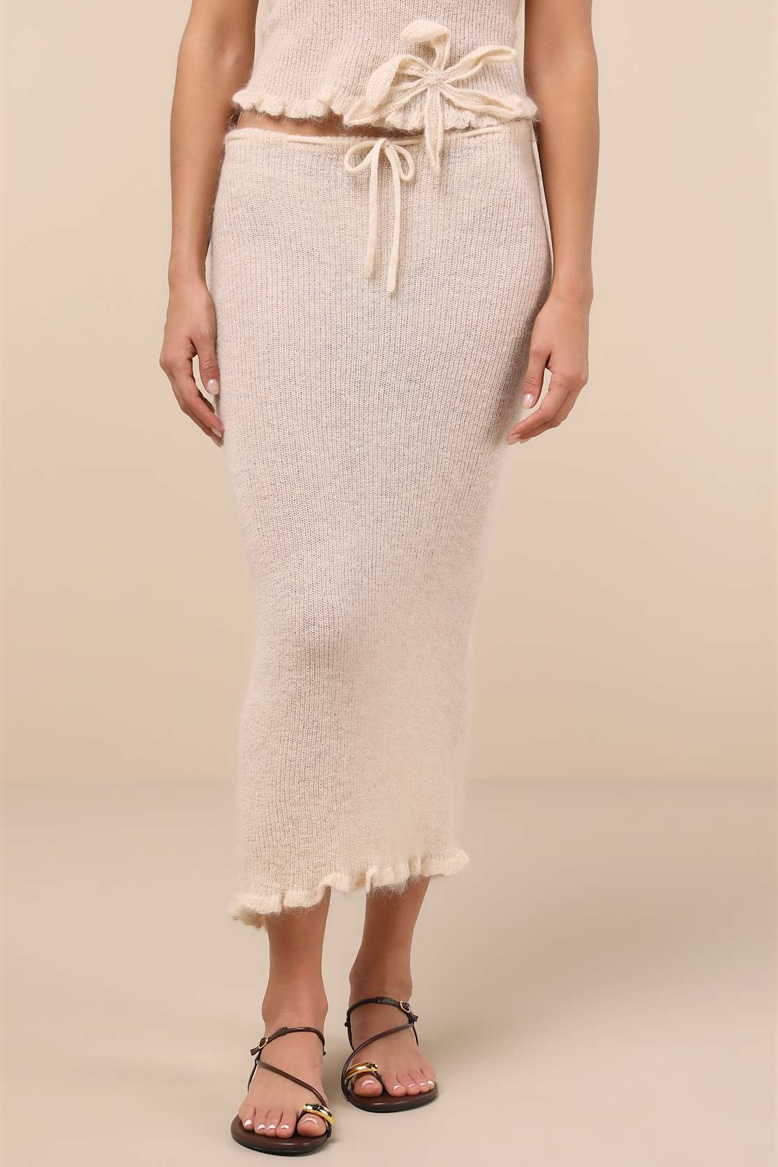 Mimi Cream Semi-Sheer Knit Drawstring Midi Skirt