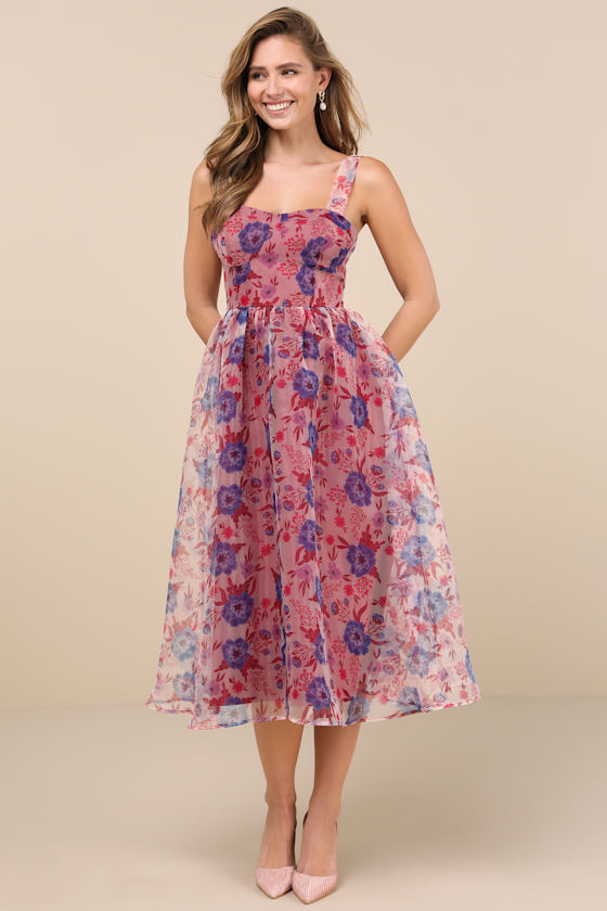 Magenta Floral Dress - Bustier Dress - Sleeveless Midi Dress