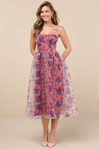 Delightful Look Magenta Floral Print Bustier Midi Skater Dress 2