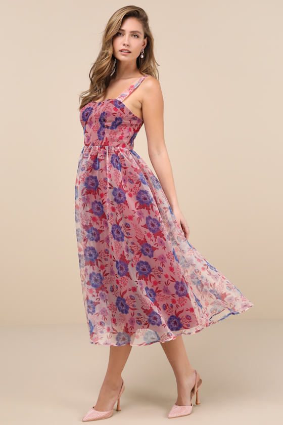 Delightful Look Magenta Floral Print Bustier Midi Skater Dress 3