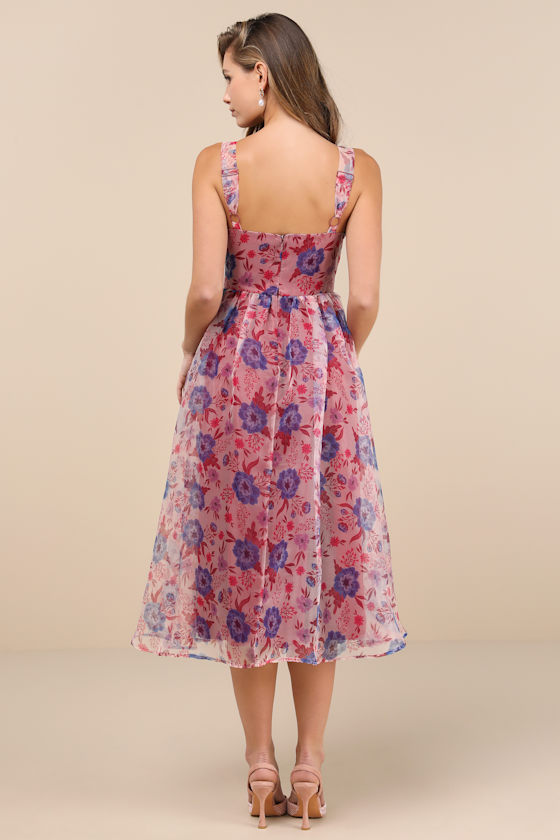 Lulus Delightful Look Magenta Floral Print Bustier Midi Skater Dress In Magenta