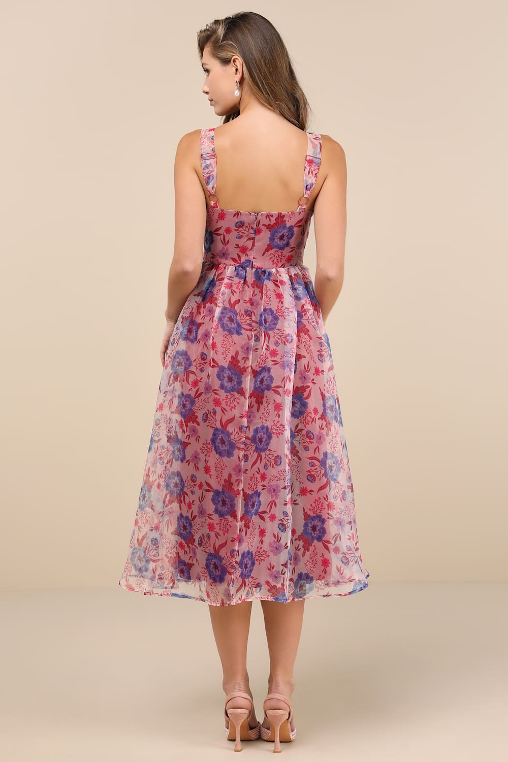 Delightful Look Magenta Floral Print Bustier Midi Skater Dress