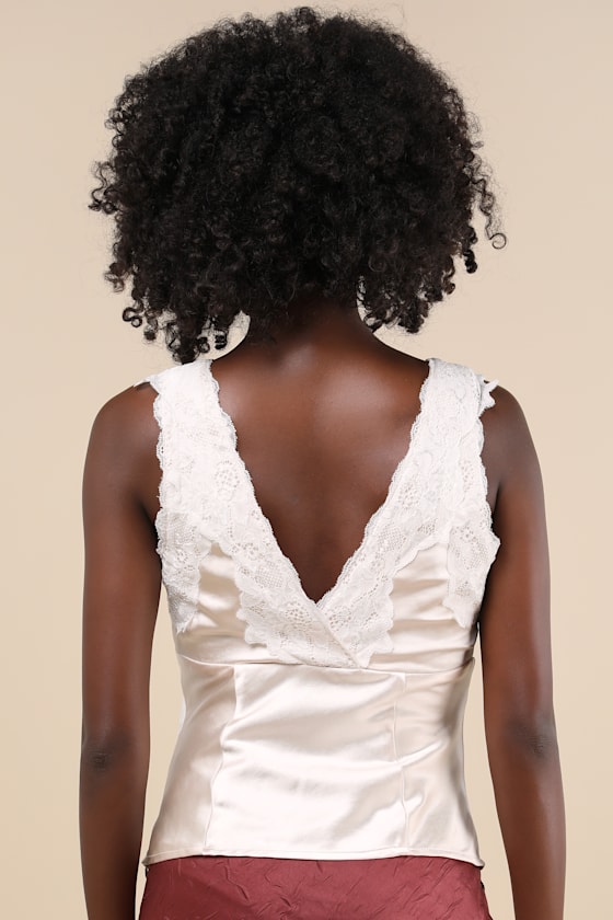 Wildly Perfect Champagne Satin Lace V-Neck Tank Top 3