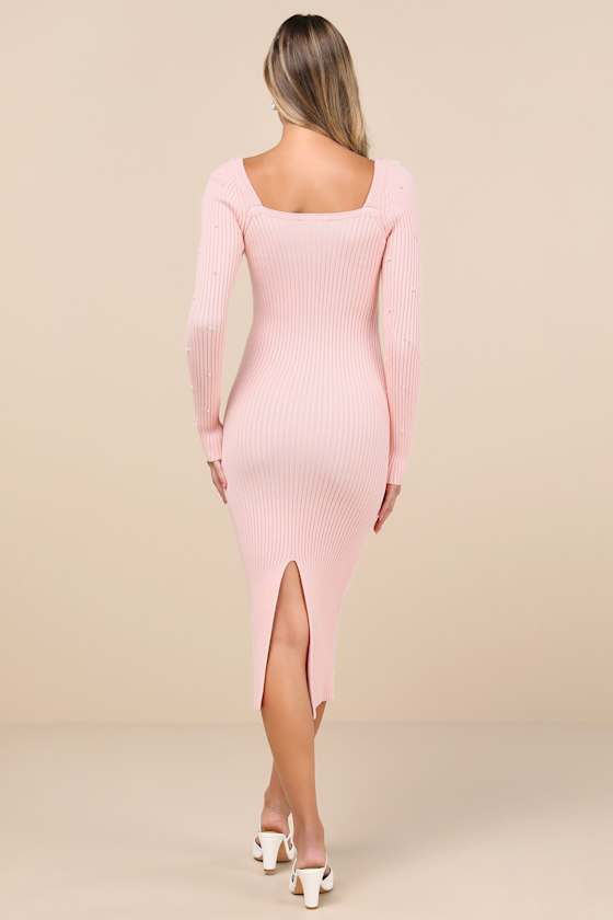 Lulus Gleaming Babe Light Pink Ribbed Knit Pearl Midi Sweater Dress In Light Pink