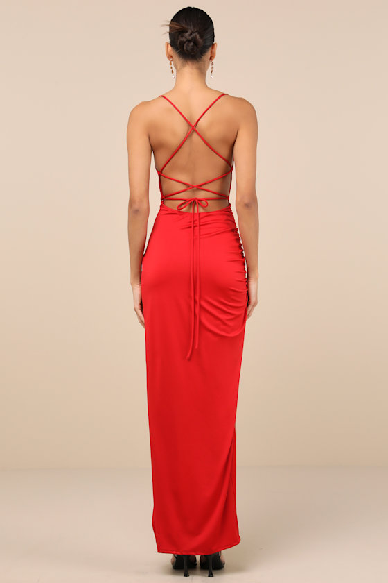 Stunning Perception Red Slinky Lace-Up Maxi Dress 4