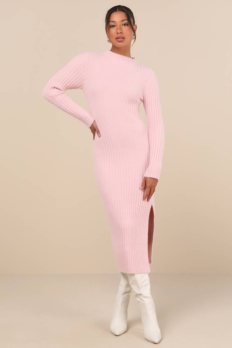 Irresistible Feelings Light Pink Fuzzy Knit Midi Sweater Dress