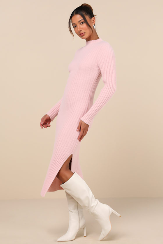 Shop Lulus Irresistible Feelings Light Pink Fuzzy Knit Midi Sweater Dress