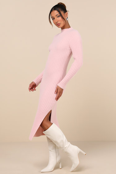 fuzzy knit dress Light Pink Sweater - Dress - Mock Neck Dress Black