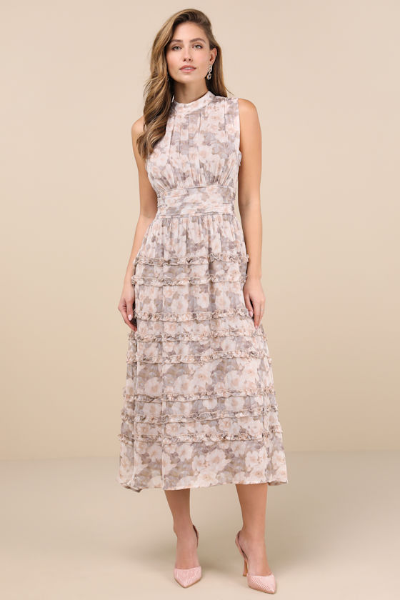 Lulus Happily Sweet Beige Floral Mock Neck Backless Midi Dress In Beige