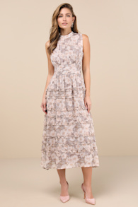 Happily Sweet Beige Floral Mock Neck Backless Midi Dress