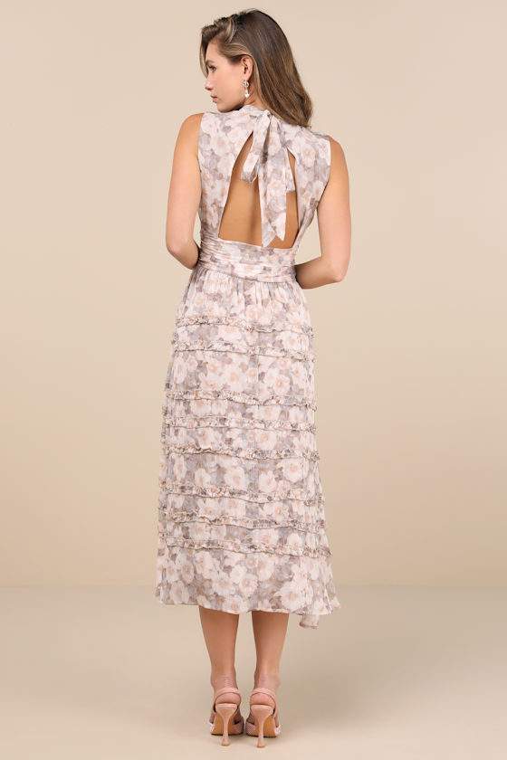 Lulus Happily Sweet Beige Floral Mock Neck Backless Midi Dress In Beige