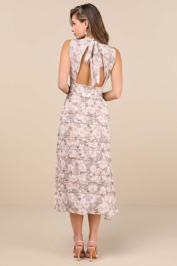 Happily Sweet Beige Floral Mock Neck Backless Midi Dress