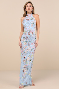 Infinite Praise Blue 3D Floral Embroidered Halter Maxi Dress 1