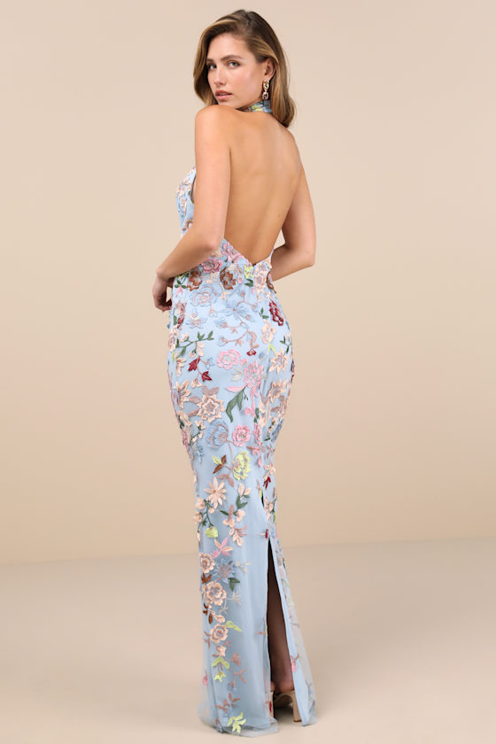 Shop Lulus Infinite Praise Blue 3d Floral Embroidered Halter Maxi Dress