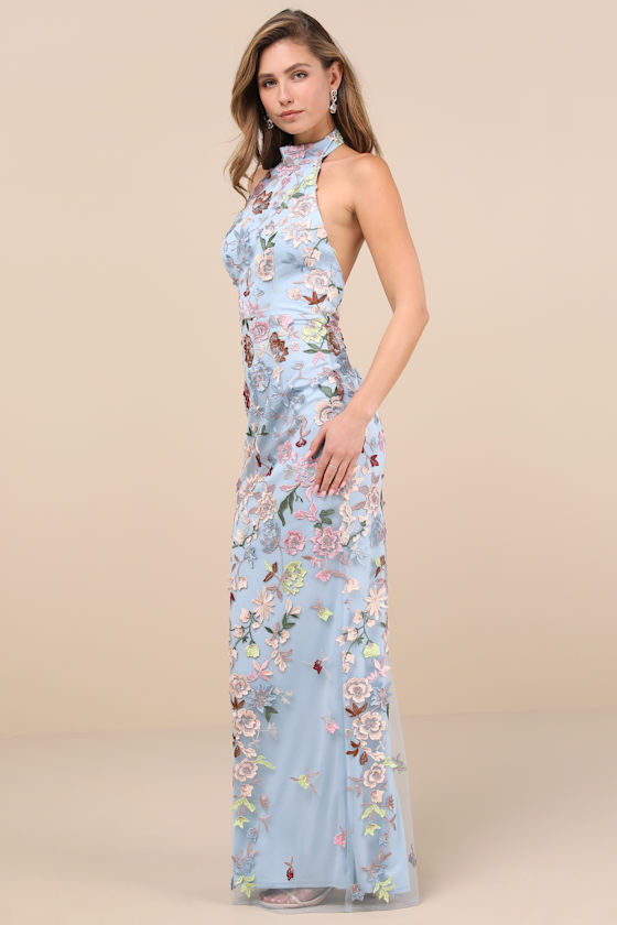Shop Lulus Infinite Praise Blue 3d Floral Embroidered Halter Maxi Dress