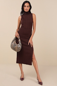 Sophisticated Duo Brown Ribbed Midi Sweater Skirt