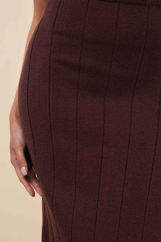 Lulus Sophisticated Duo Brown Ribbed Midi Sweater Skirt In Brown