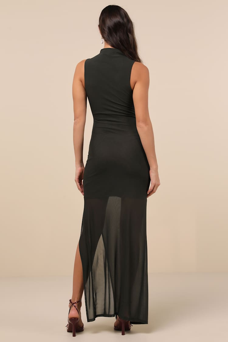 Renowned Glamour Olive Green Mesh Mock Neck Maxi Dress