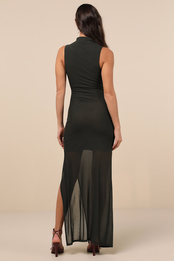 Renowned Glamour Olive Green Mesh Mock Neck Maxi Dress
