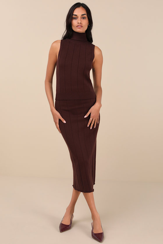LULUS SOPHISTICATED DUO BROWN SLEEVELESS TURTLENECK SWEATER TOP