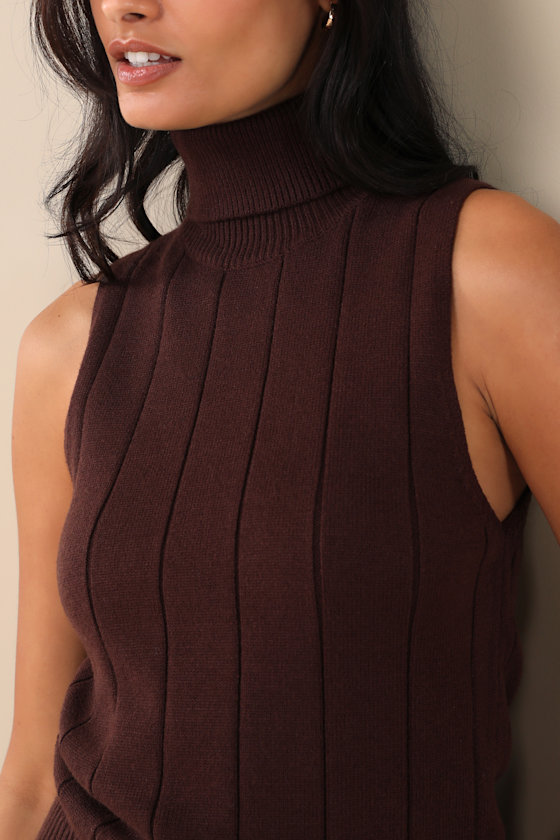 LULUS SOPHISTICATED DUO BROWN SLEEVELESS TURTLENECK SWEATER TOP