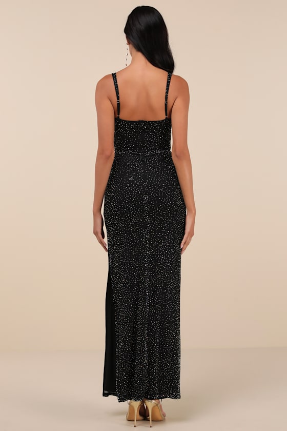 Lulus A-list Mentality Black Rhinestone Bustier Maxi Dress In Black