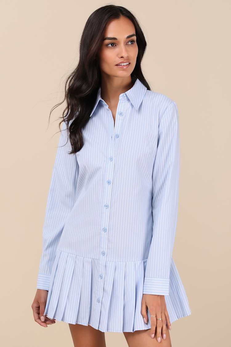 Exquisite Poise Light Blue Striped Collared Mini Dress