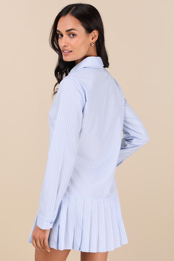 Lulus Exquisite Poise Light Blue Striped Collared Mini Dress In Light Blue
