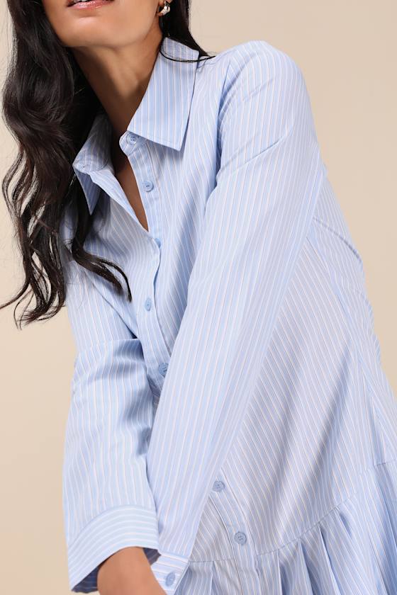 Lulus Exquisite Poise Light Blue Striped Collared Mini Dress In Light Blue