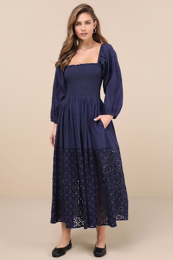 Lulus Yarella Dark Blue Smocked Midi Dress In Dark Blue