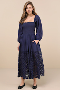 Yarella Dark Blue Smocked Midi Dress