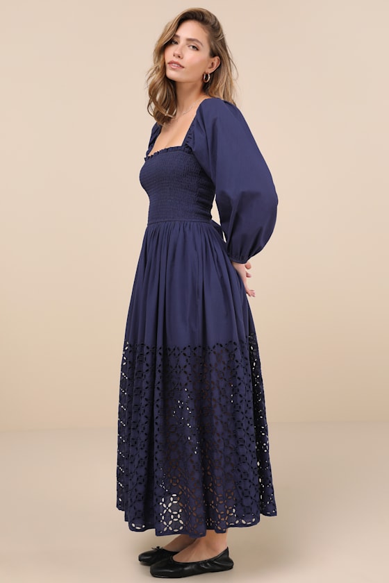 Lulus Yarella Dark Blue Smocked Midi Dress In Dark Blue