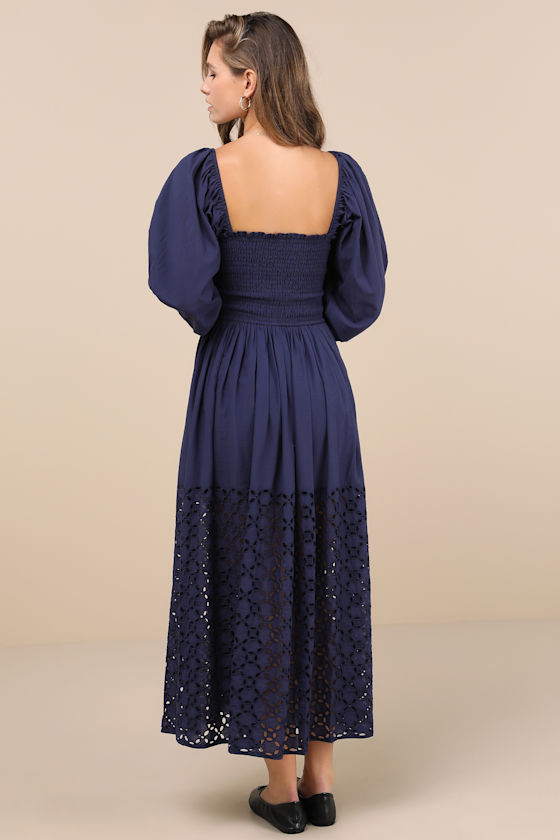 Lulus Yarella Dark Blue Smocked Midi Dress In Dark Blue