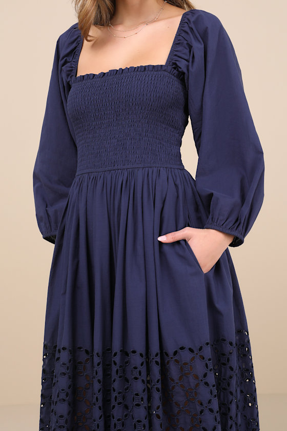 Lulus Yarella Dark Blue Smocked Midi Dress In Dark Blue
