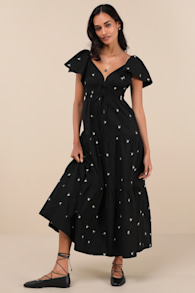 Definite Sweetness Black Embroidered Tiered Midi Dress