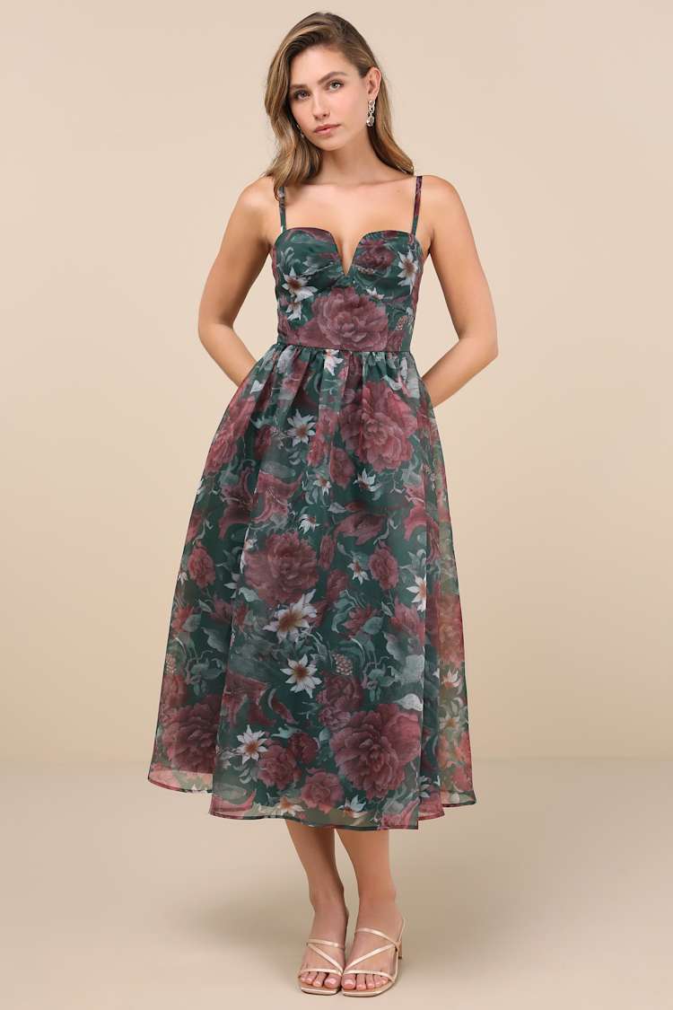 Cherished Aura Green Floral Organza Bustier Midi Dress