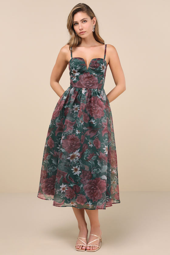 Cherished Aura Green Floral Organza Bustier Midi Dress 2