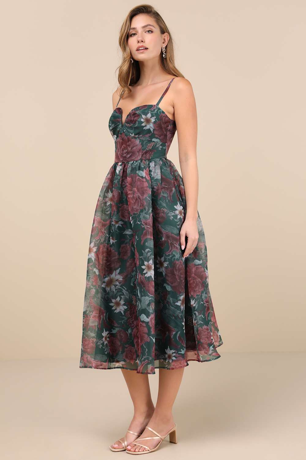 Cherished Aura Green Floral Organza Bustier Midi Dress