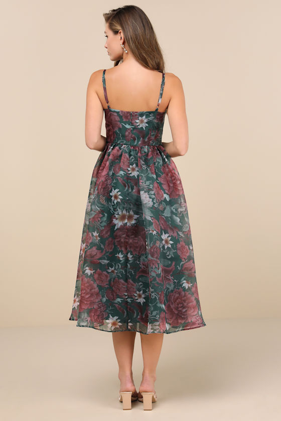 Lulus Cherished Aura Green Floral Organza Bustier Midi Dress In Green