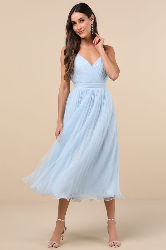 Exemplary Aura Light Blue Tulle Surplice Midi Dress 1