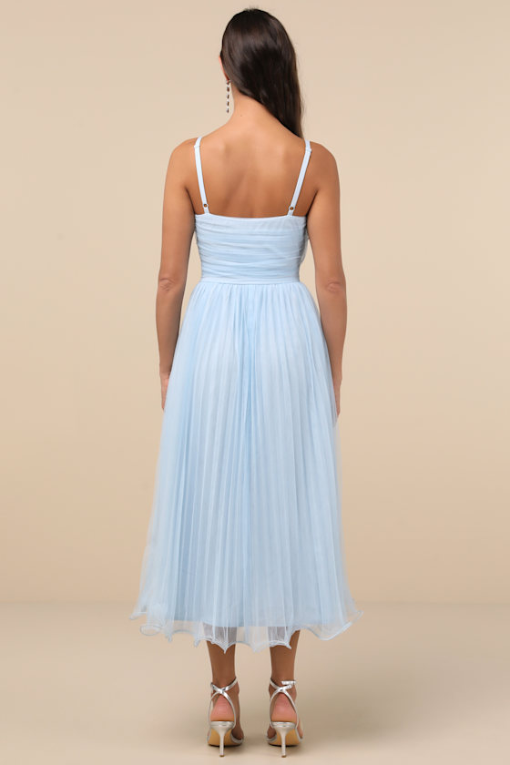 Exemplary Aura Light Blue Tulle Surplice Midi Dress 2
