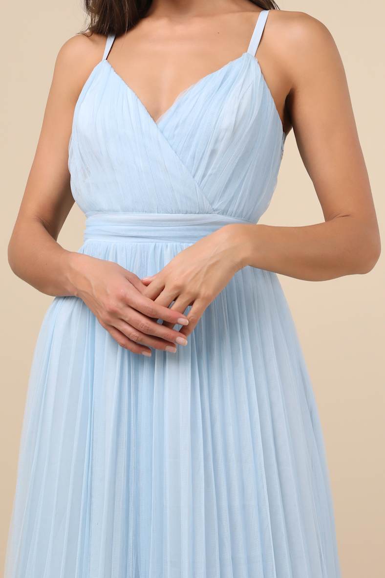 Exemplary Aura Light Blue Tulle Surplice Midi Dress