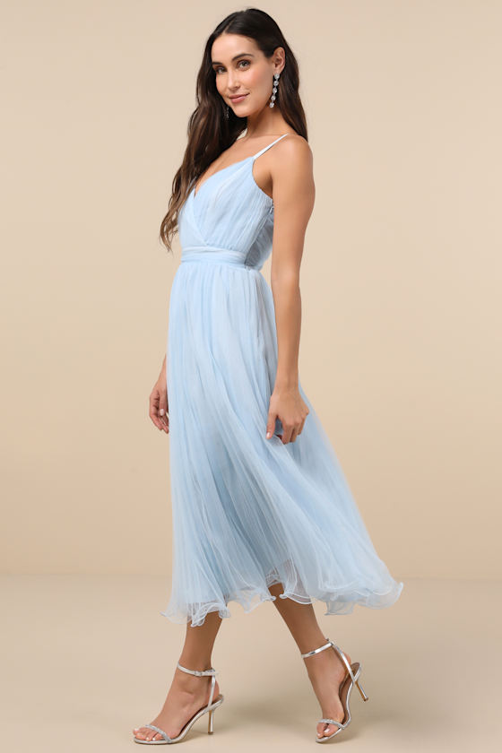 LULUS EXEMPLARY AURA LIGHT BLUE TULLE SURPLICE MIDI DRESS