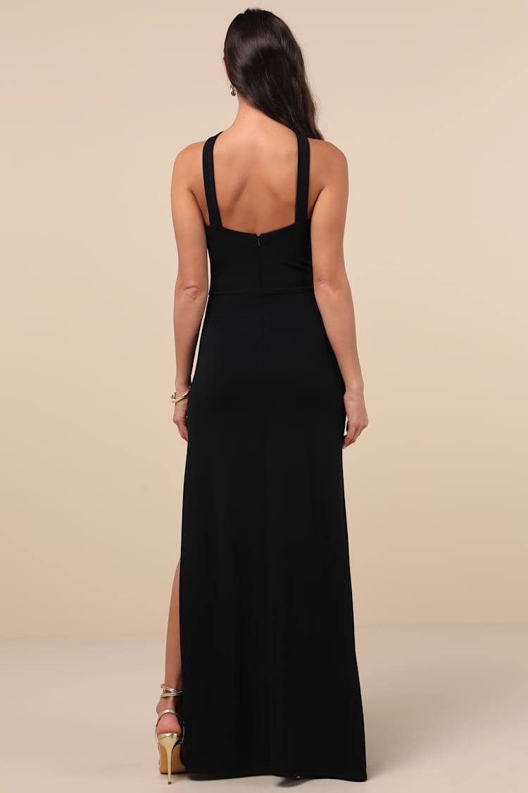 Perfectly Demure Black Backless Column Maxi Dress