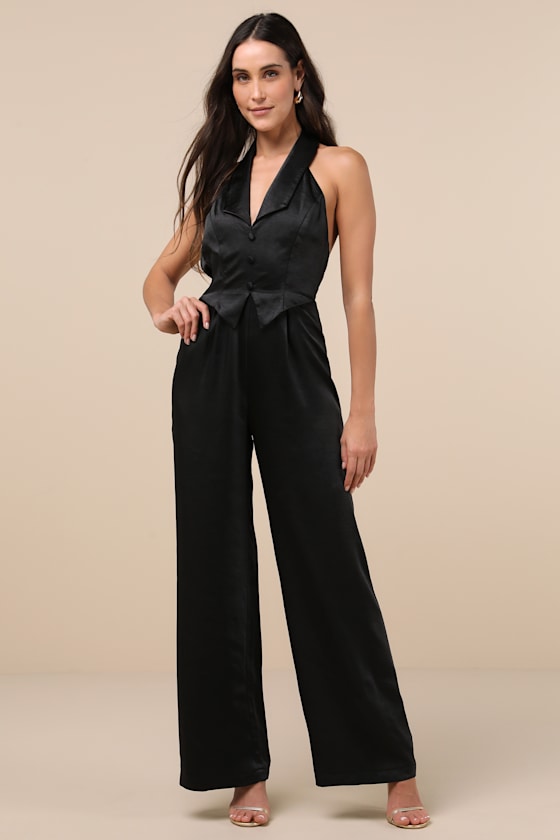 Lulus Sensationally Sophisticated Black Satin Halter Vest Jumpsuit In Black