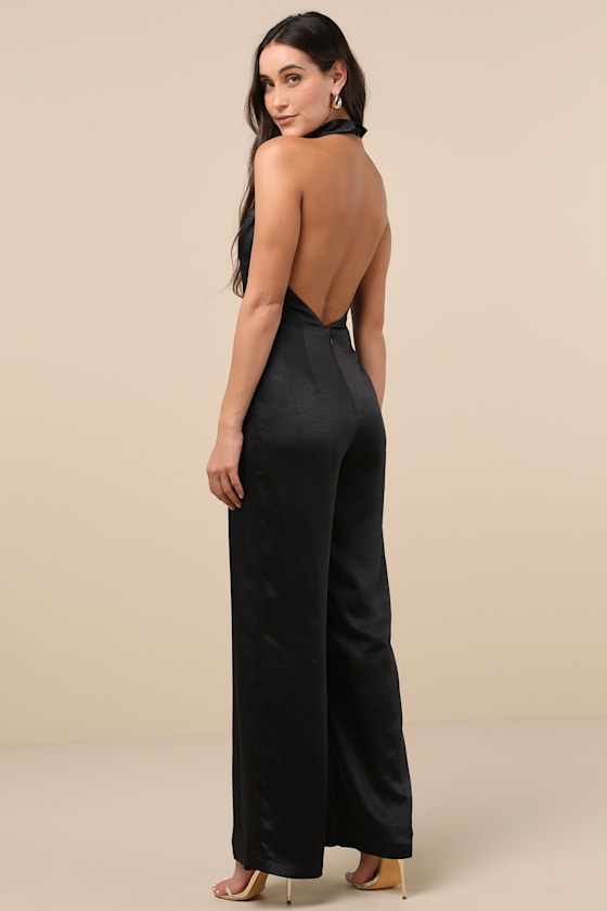 Lulus Sensationally Sophisticated Black Satin Halter Vest Jumpsuit In Black